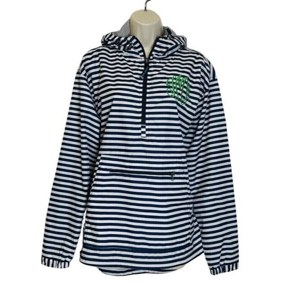 Charles River Apparel Women's Chatham Anorak Rain Jacket size M Blue striped